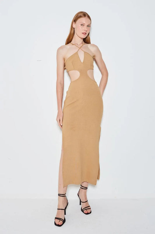 VESTIDO MIDI ALCA CRUZADA KAKI