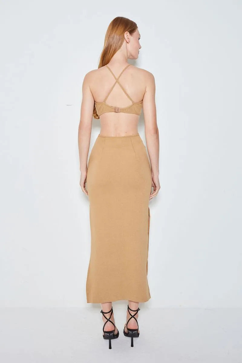 VESTIDO MIDI ALCA CRUZADA KAKI