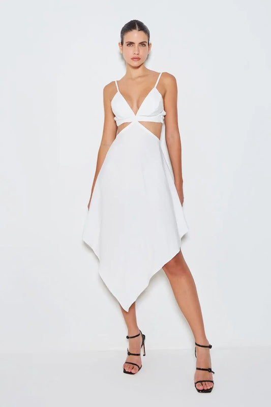 VESTIDO CURTO ASSIMETRICO DE ALCA FINA OFF WHITE