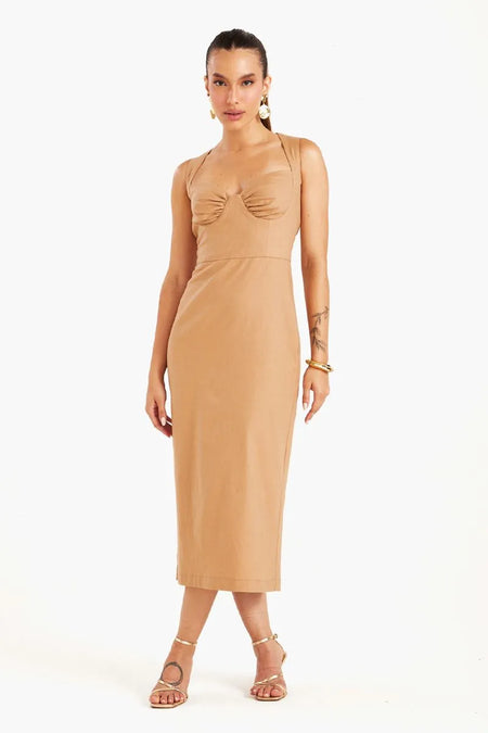 VESTIDO MIDI COM BUSTO FRANZIDO E ALÇA LARGA KAKI