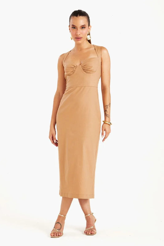 VESTIDO MIDI COM BUSTO FRANZIDO E ALÇA LARGA KAKI