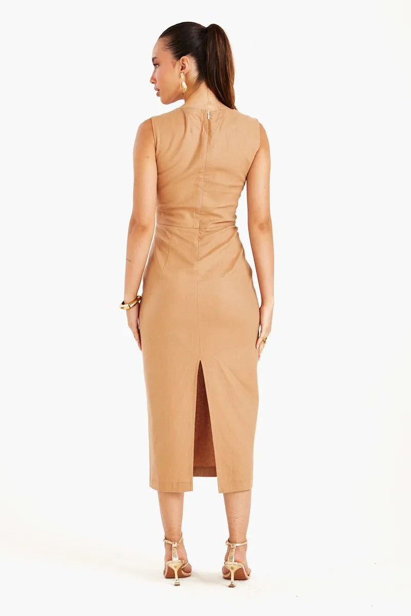 VESTIDO MIDI COM BUSTO FRANZIDO E ALÇA LARGA KAKI