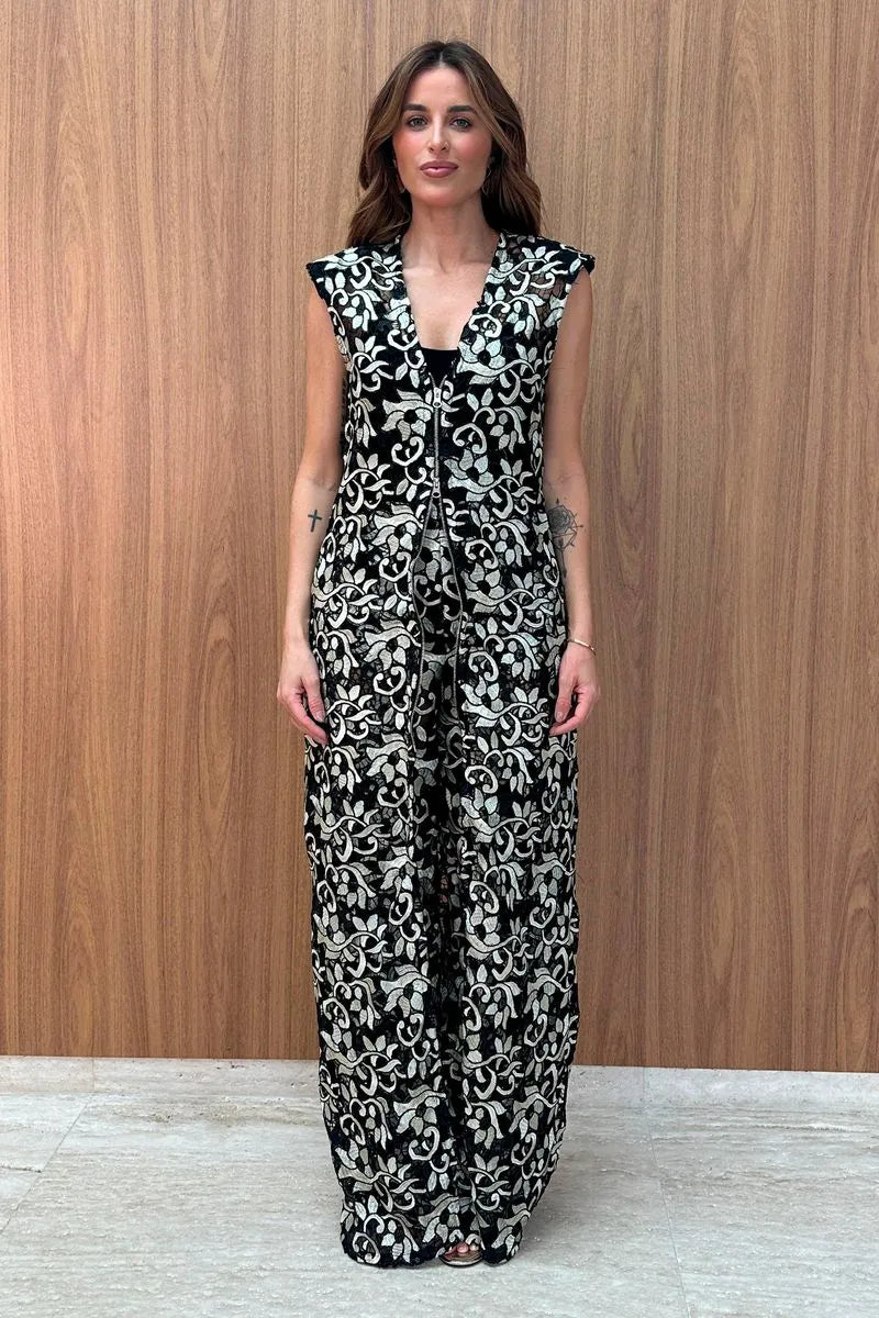 VESTIDO LONGO EM GUIPIR E ZIPER DE METAL FRONTAL BEGE COM PRETO