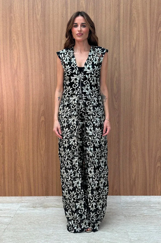 CALÇA RETA EM GUIPIR BEGE COM PRETO