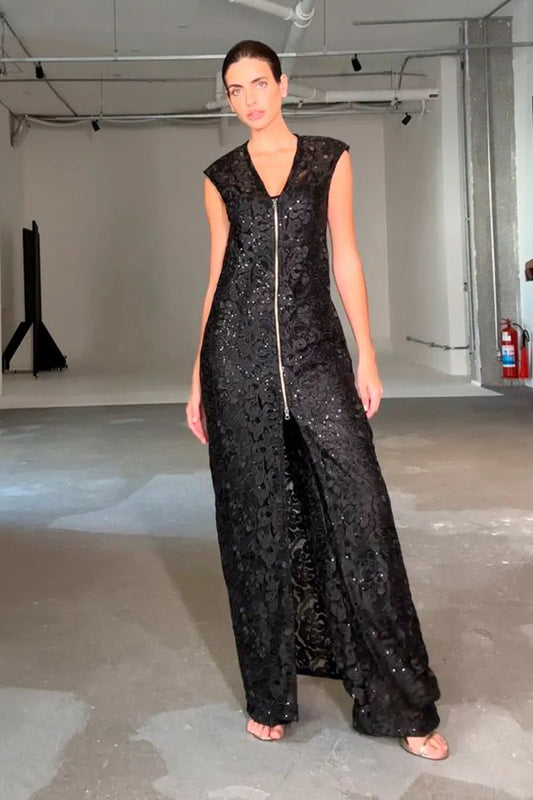 VESTIDO LONGO EM GUIPIR E ZIPER DE METAL FRONTAL PRETO
