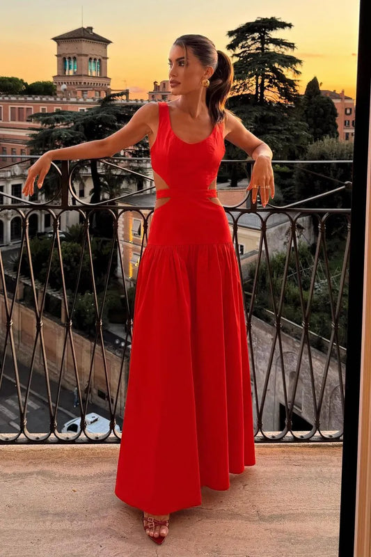 VESTIDO LONGO SAIA RODADA COM AMARRAÇÃO COSTAS VERMELHO TOMATE