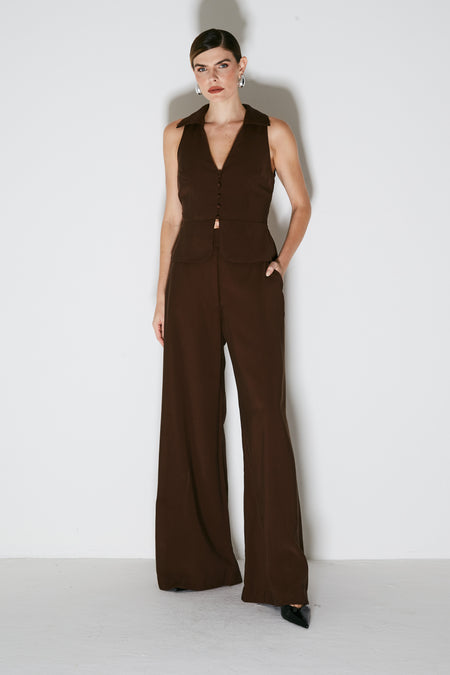 CALÇA PANTALONA ALFAIATARIA COM COS TRASNPASSADO MARROM