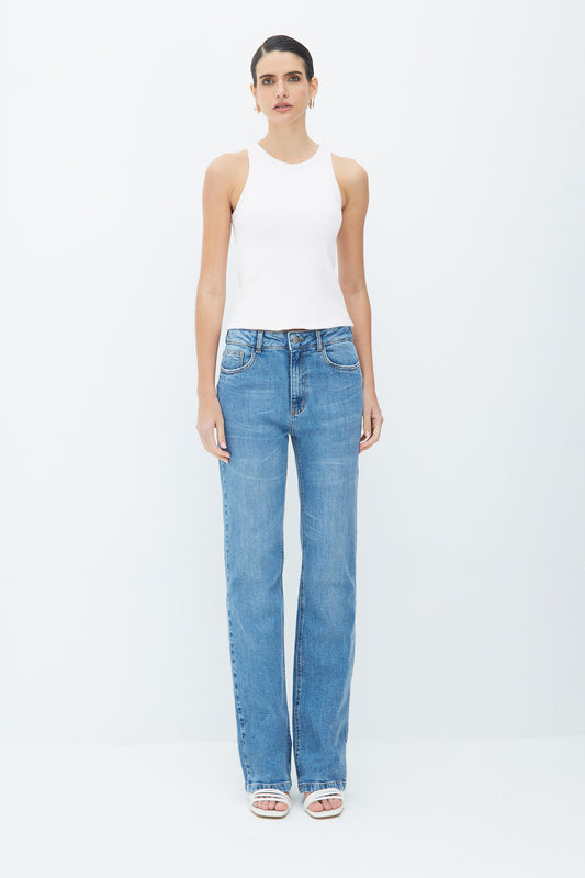 CALÇA RETA JEANS COM COS MEDIO AZUL JEANS