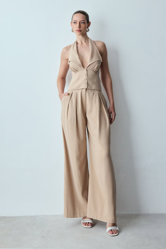 CALCA PANTALONA FLUIDA COM DUAS PREGAS FRENTE KAKI CLARO