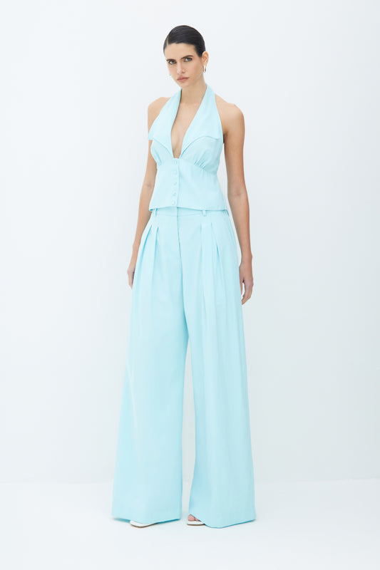 CALCA PANTALONA FLUIDA COM DUAS PREGAS FRENTE AZUL FRESH