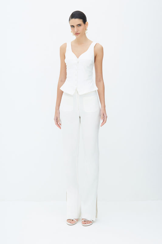 CALÇA RETA COM BOLSOS FRONTAL E ABERTURA NA BARRA OFF WHITE