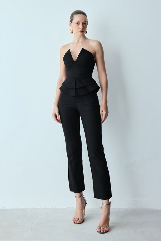 CALCA RETA BOLSOS FRONTAIS E ABERTURA BARRA PRETO