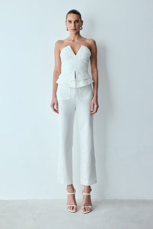 CALCA RETA BOLSOS FRONTAIS E ABERTURA BARRA OFF WHITE