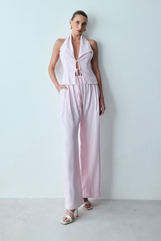 CALCA RETA COM ELASTICO NA CINTURA E BOLSO COSTAS ROSA BEBE