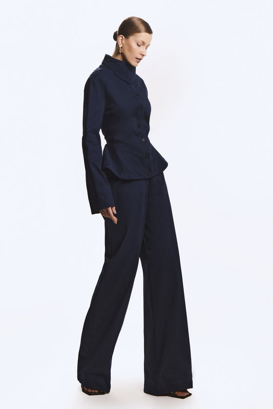 CALCA PANTALONA ESTRUTURADA BOLSO COSTAS AZUL MARINHO ESCURO