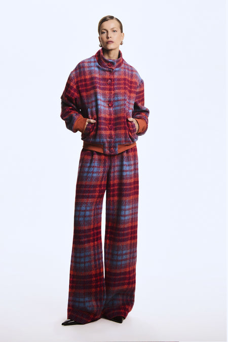 CALCA RETA XADREZ COM PREGAS FRONTAIS VERMELHO