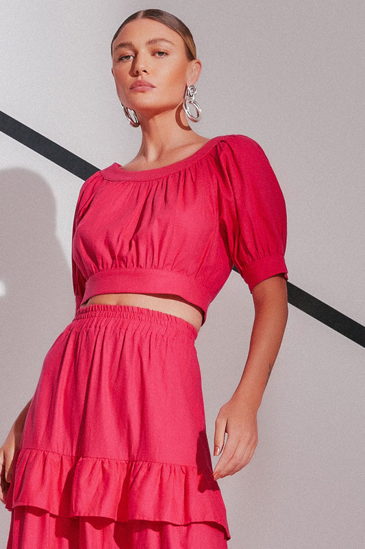 CROPPED MANGA CURTA DE LINHO COM DECOTE CANOA PINK