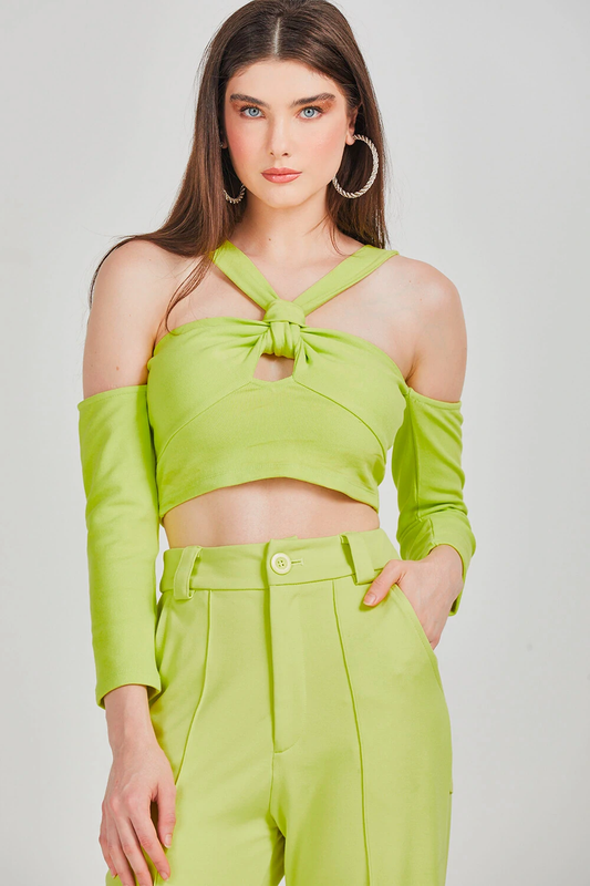 CROPPED MANGA LONGA COM NO NO BUSTO VERDE FLUOR