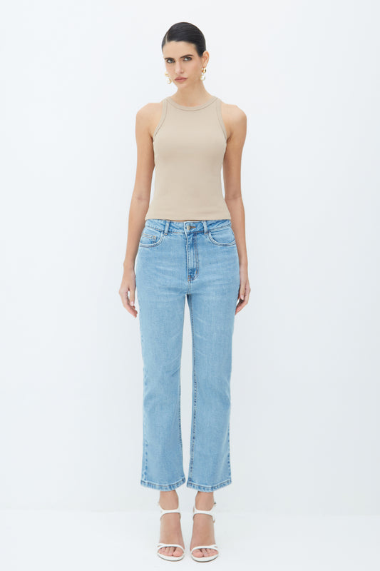 CALÇA RETA JEANS CROPPED AZUL JEANS
