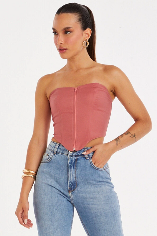 CROPPED TOMARA QUE CAIA COM ZÍPER FRONTAL ROSE ESCURO