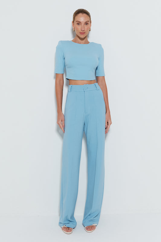 CALÇA PANTALONA COM FRISOS AZUL OCEANO