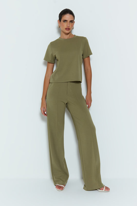 CALÇA PANTALONA COM FRISOS VERDE MOSS