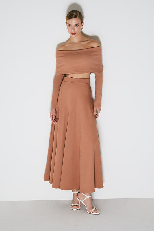 SAIA MIDI COM ELASTICO NA CINTURA BARRA AMPLA MOCHA MOUSSE