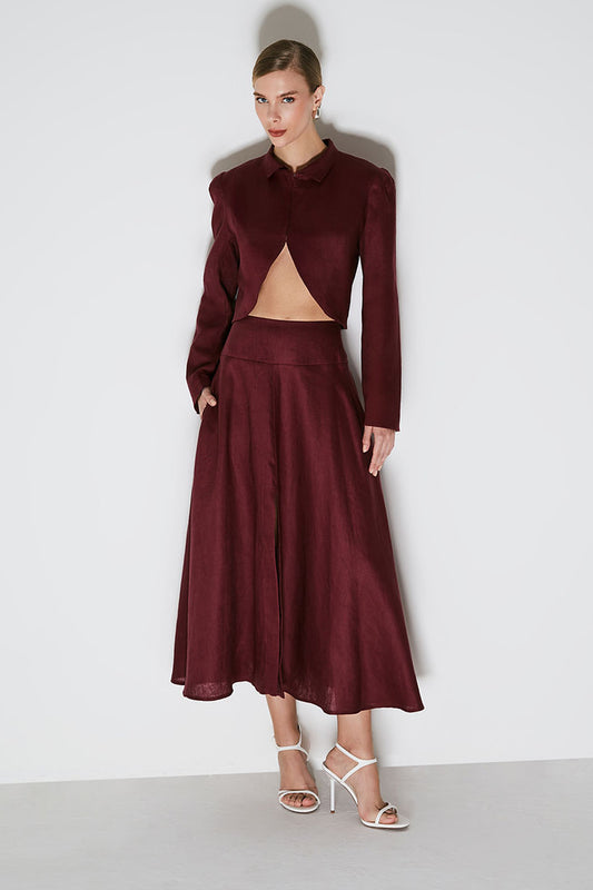 SAIA MIDI COM COS LARGO E FENDA FRONTAL VINHO