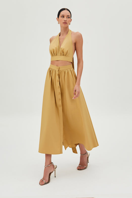 SAIA MIDI AMPLA COM BOTOES FRONTAL KAKI