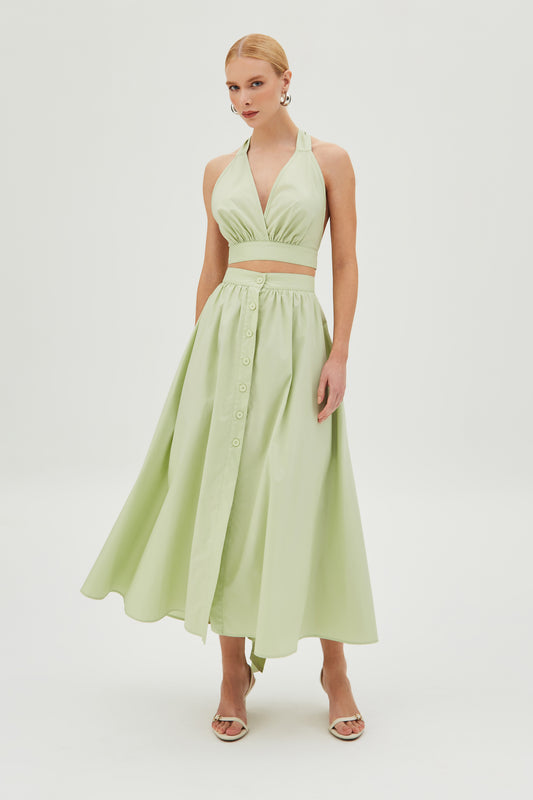 SAIA MIDI AMPLA COM BOTOES FRONTAL VERDE MENTA CLARO