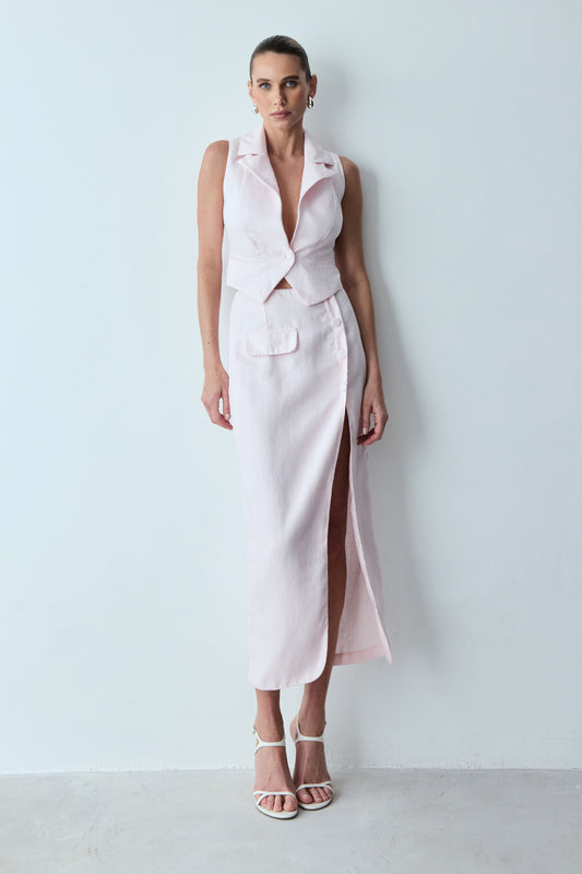 SAIA MIDI COM BOTAO FENDA E BOLSO FRONTAL ROSA CELESTIAL