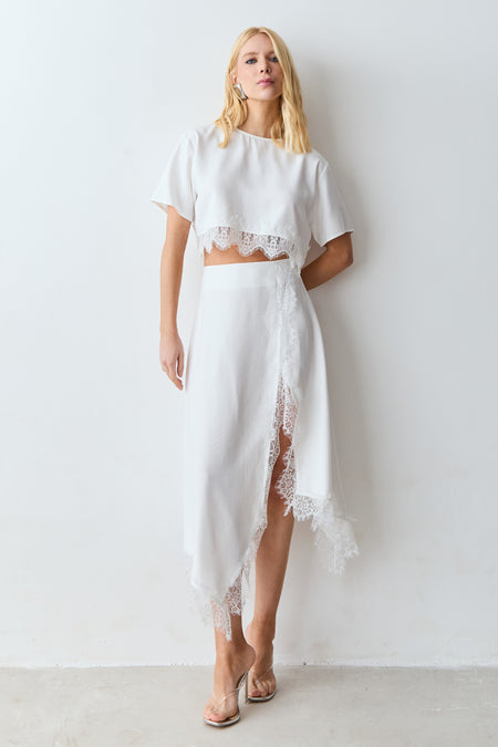 SAIA MIDI COM BARRA E DETALHES EM RENDA OFF WHITE