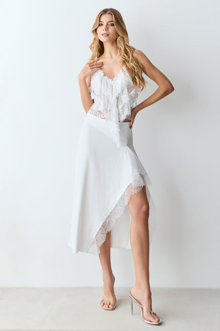 SAIA MIDI RECORTE CINTURA BARRA ASSIMETRE COM RENDA OFF WHITE