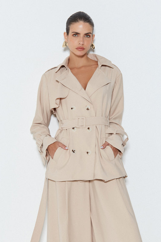 CASACO TRENCH COAT CURTO COM CINTO KAKI DESERTO
