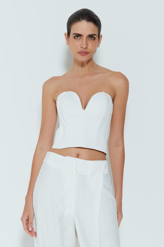 CROPPED TOMARA QUE CAIA COM DECOTE CORAÇÃO OFF WHITE