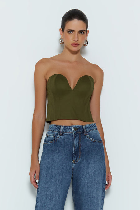 CROPPED TOMARA QUE CAIA COM DECOTE CORAÇÃO VERDE MILITAR