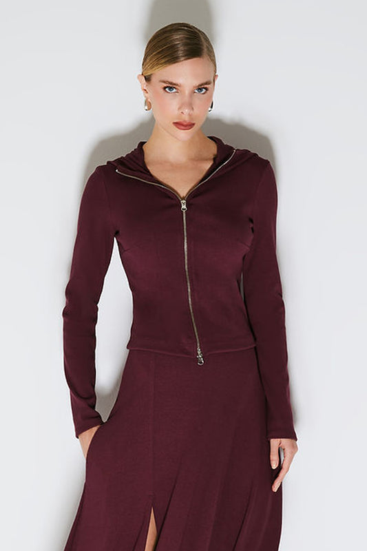 BLUSA MANGA LONGA COM ZIPER DE METAL FRONTAL E CAPUZ VINHO