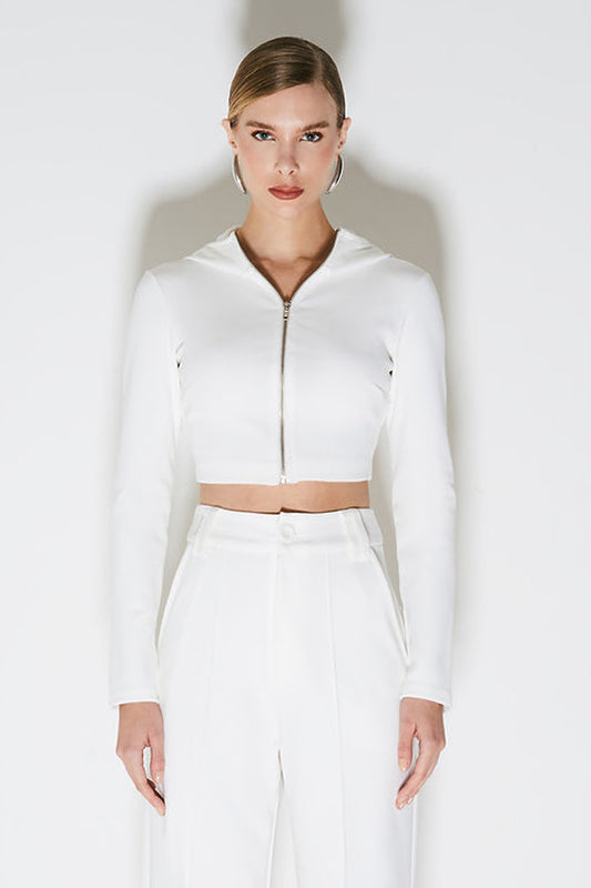 BLUSA MANGA LONGA COM ZIPER DE METAL FRONTAL E CAPUZ OFF WHITE