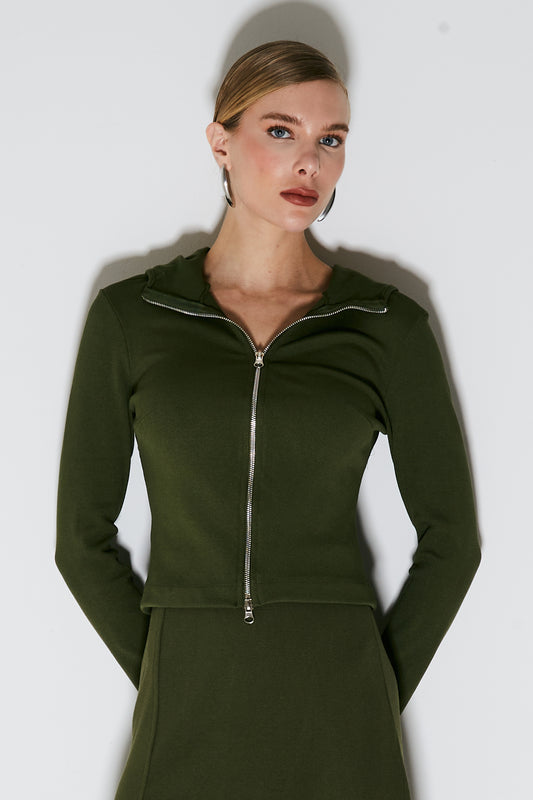 BLUSA MANGA LONGA COM ZIPER DE METAL FRONTAL E CAPUZ VERDE MILITAR