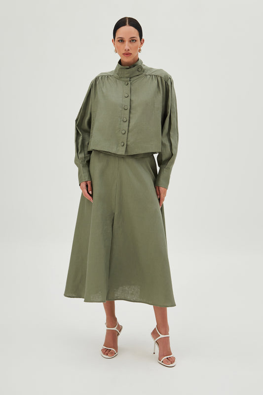 SAIA MIDI COM COS LARGO E FENDA FRONTAL VERDE EXERCITO