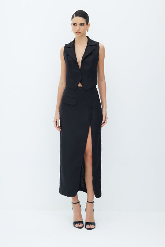 SAIA MIDI COM BOTAO FENDA E BOLSO FRONTAL PRETO