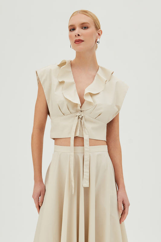 BLUSA MANGA CURTA COM BABADOS FRONTAIS E AMARRACAO AREIA