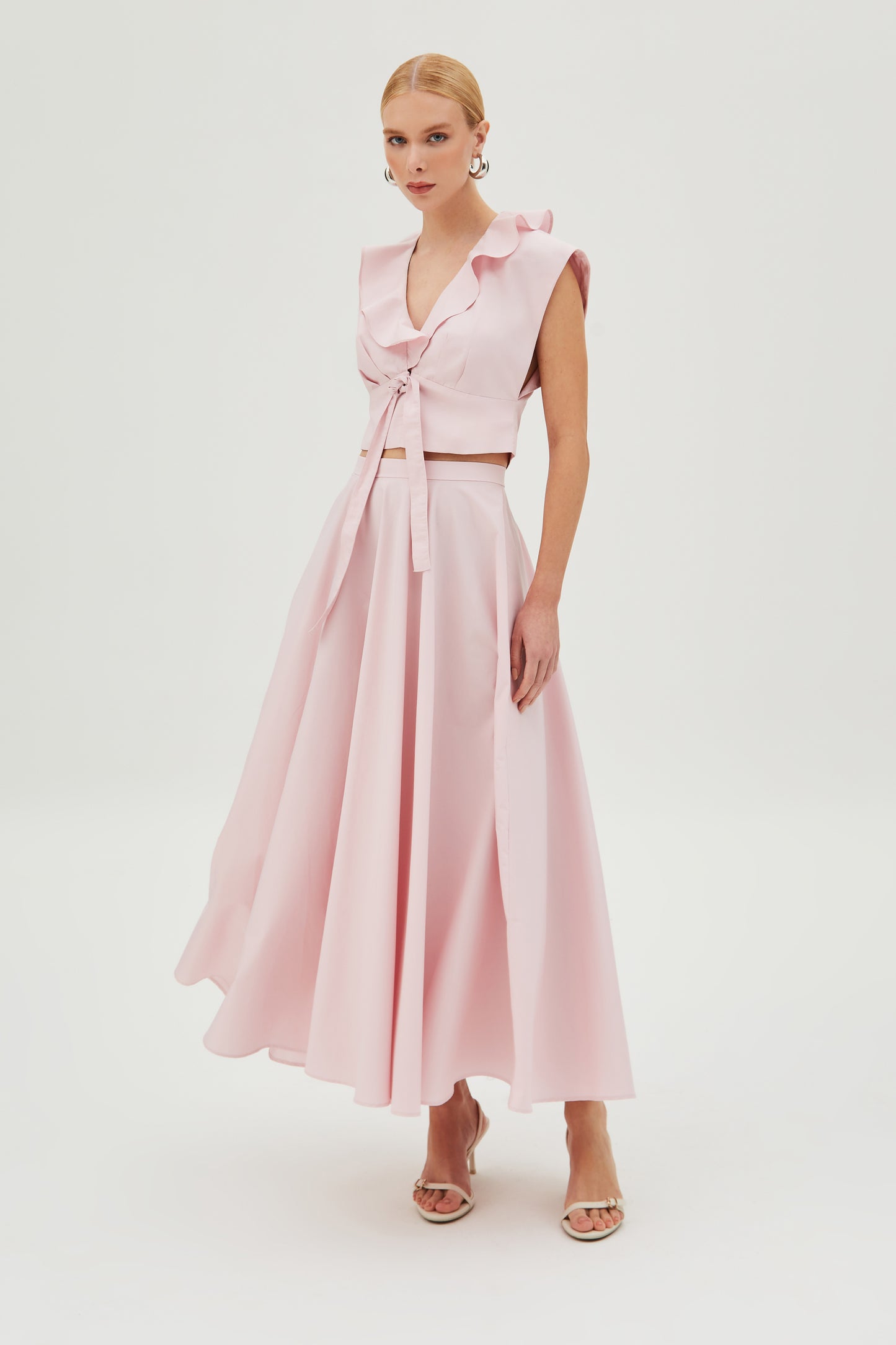 BLUSA MANGA CURTA COM BABADOS FRONTAIS E AMARRACAO ROSA BEBE