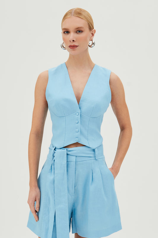 COLETE DECOTE V COM FECHAMENTO BOTÕES FRONTAIS AZUL OCEANO