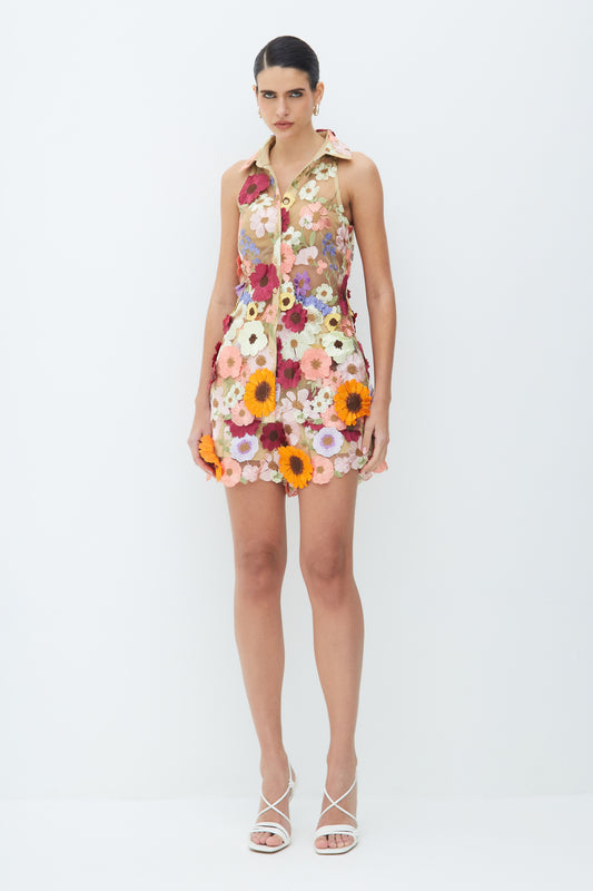 SHORTS CINTURA ALTA COM COS LARGO EM TULE BORDADO COLORIDO