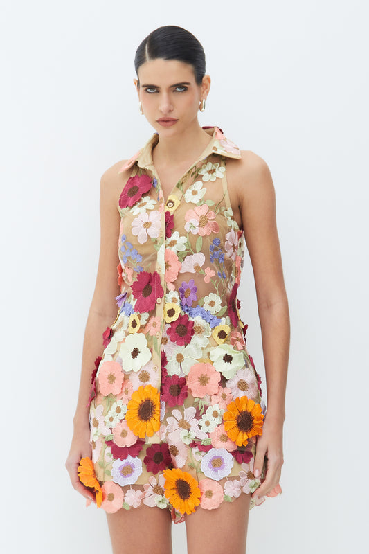 CAMISA EM TULE BORDADO COLORIDO