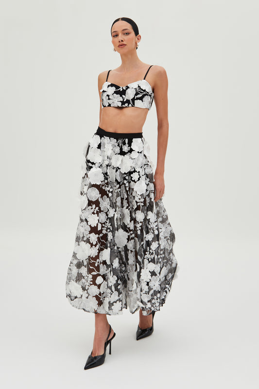 SAIA MIDI EM TULE BORDADO COM COS MEDIO PRETO