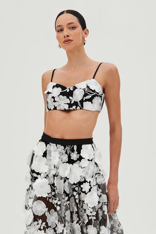 TOP DE ALCA FINA EM TULE BORDADO PRETO