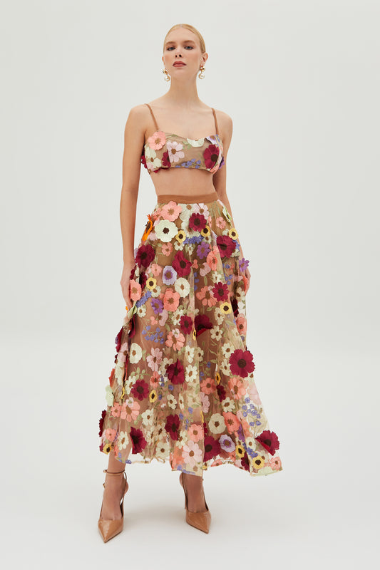 SAIA MIDI EM TULE BORDADO COM COS MEDIO COLORIDO