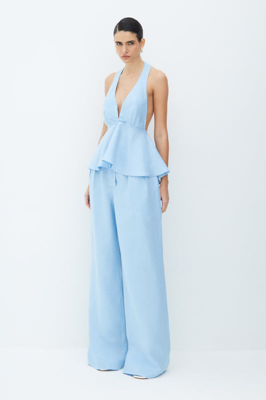 CALÇA RETA COM PREGAS FRONTAL EM LINHO AZUL BEBE